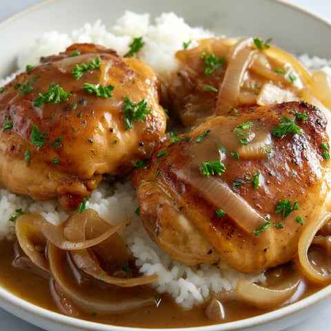A plate of smothered chicken and rice.