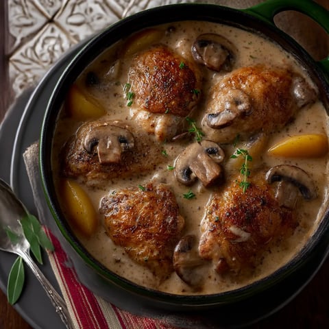 A bowl of chicken with mushrooms and herbs.