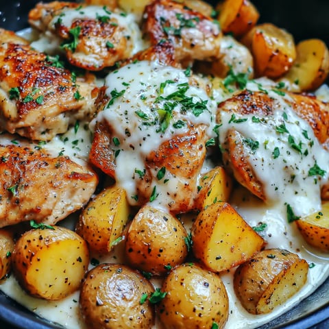 A dish of chicken and potatoes with garlic and Parmesan cheese.