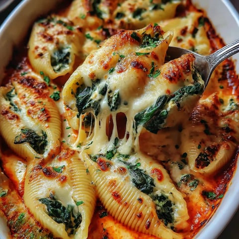 A bowl of cheesy spinach shells.