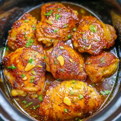 A pot of chicken with garlic and brown sugar.