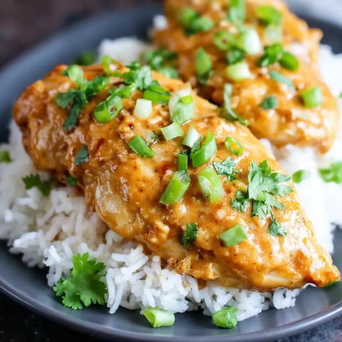 A plate of chicken with peanut sauce.