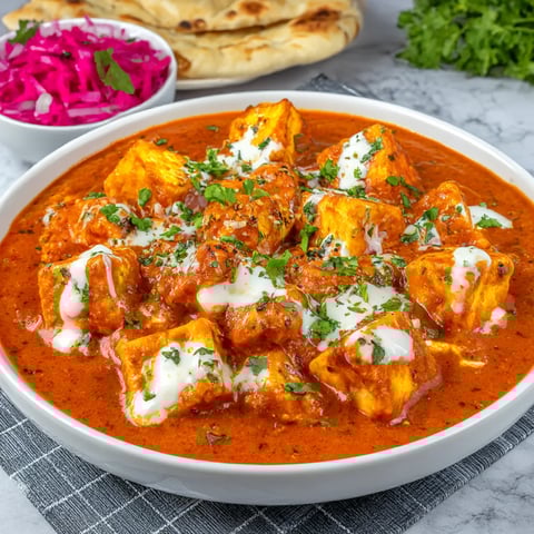 A bowl of tofu makhani with a spoon in it.