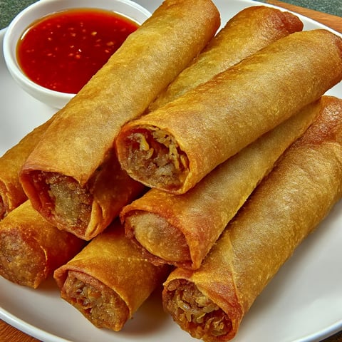 A plate of lumpia with sauce.