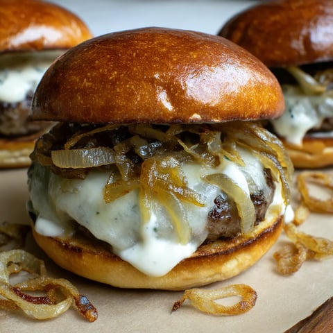 A burger with onions and mayo on top.
