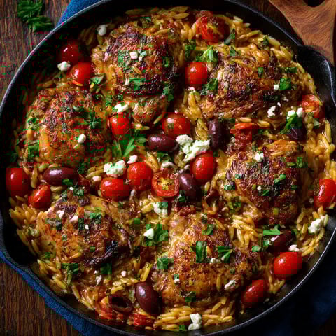 A pan of chicken and rice with tomatoes and olives.