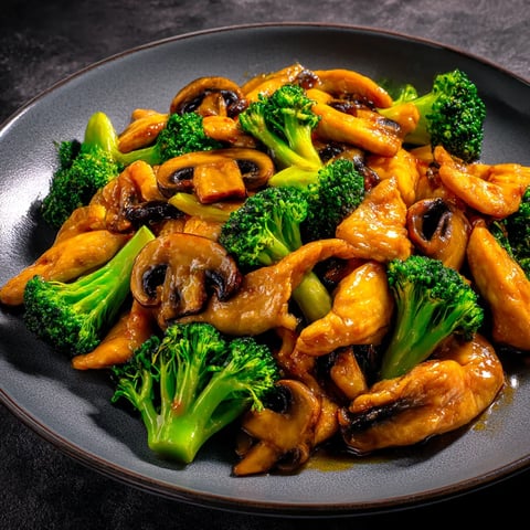 A plate of Chinese chicken and broccoli stir fry.