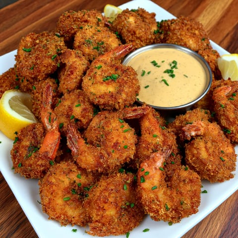 A plate of fried shrimp with a dipping sauce.