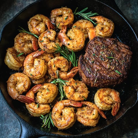 A pan of shrimp and steak with herbs and spices.