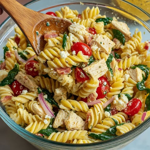 A bowl of chicken pasta salad with a wooden spoon.