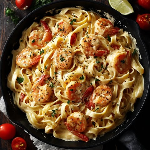 A bowl of creamy shrimp pasta.