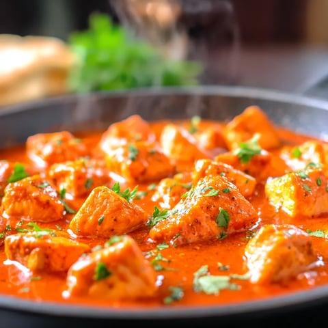 A skillet of butter chicken with a spoon in it.