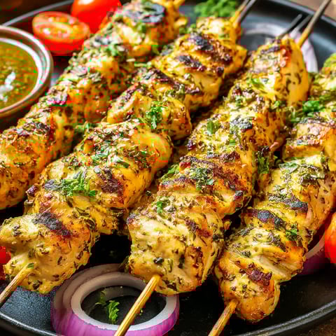 A plate of chicken skewers with tomatoes and onions.