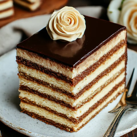 A slice of Opera Cake on a plate.