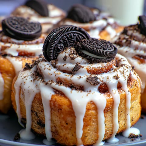 A plate of cinnamon rolls with Oreo cookies on top.