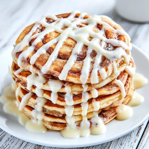 A stack of cinnamon roll pancakes on a plate.
