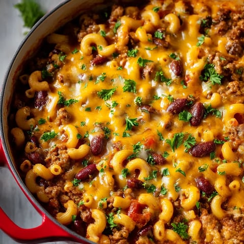 A bowl of chili mac and cheese.
