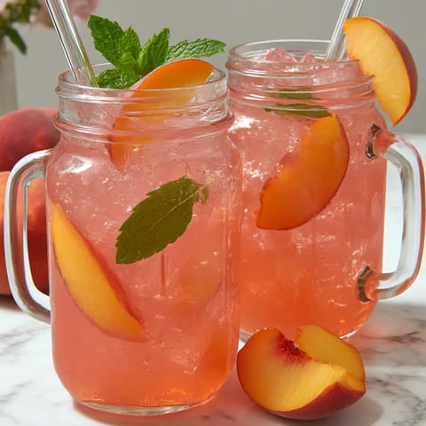 Two glasses of peach lemonade are on a table.