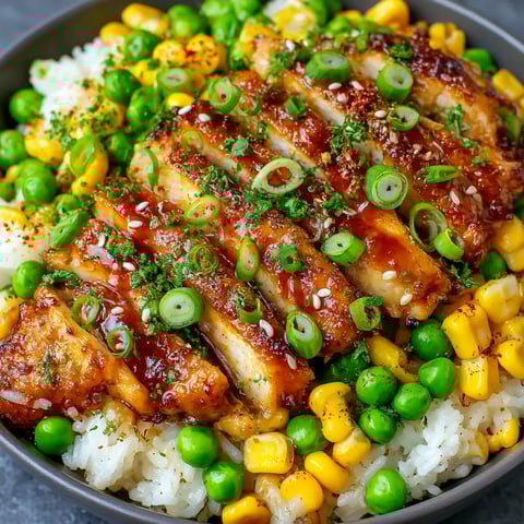 A bowl of food with rice, corn, peas, and chicken.