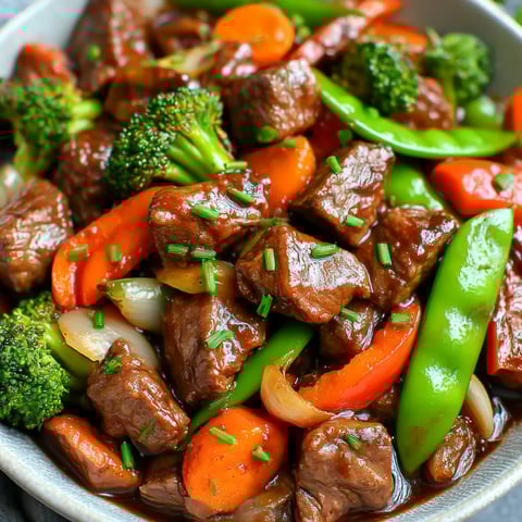 A bowl of beef stir fry with vegetables.