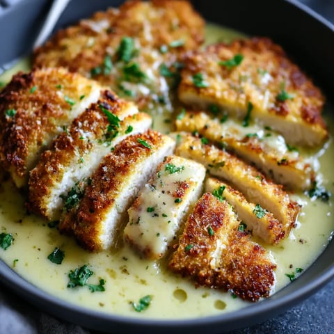 A bowl of Parmesan crusted chicken with Alfredo.