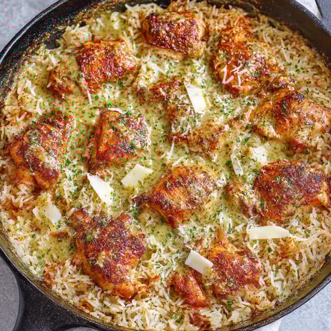 A pan of rice and chicken with cheese and garlic.