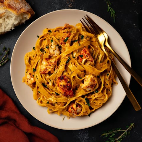 A plate of creamy Tuscan lobster pasta.