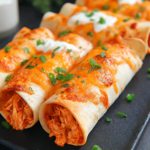 Baked chicken chimichangas on a black plate.