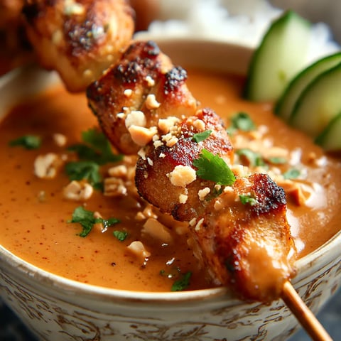 A bowl of Thai chicken satay with peanut sauce.