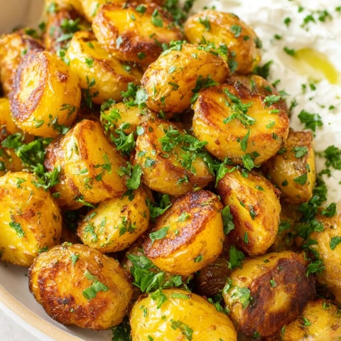 A bowl of roasted potatoes with whipped feta.