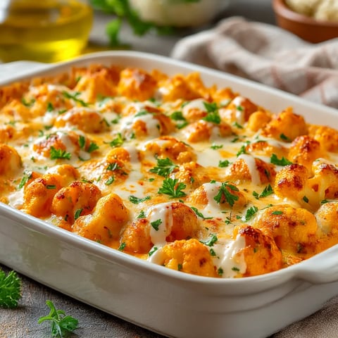 A creamy buffalo chicken cauliflower casserole recipe.