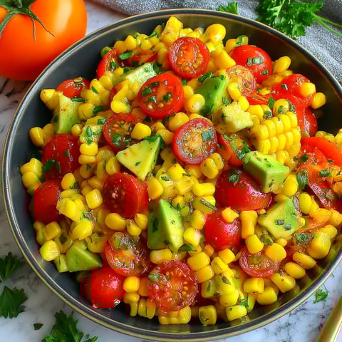 A bowl of corn, tomato, and avocado salad.