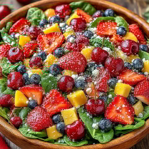 A bowl of fresh fruit salad with strawberries, blueberries, and other fruits.