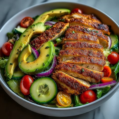 A bowl of food with chicken, avocado, tomatoes, and cucumbers.