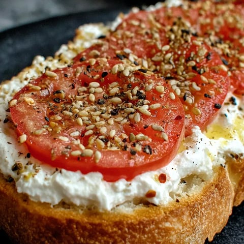 A slice of toast with tomatoes and sesame seeds.