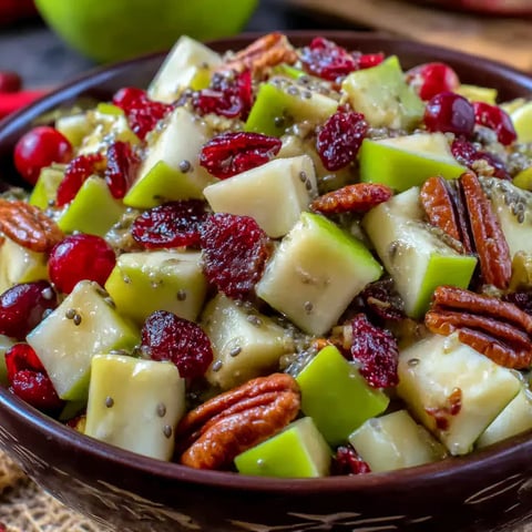 A bowl of fruit salad with apples, nuts, and raisins.