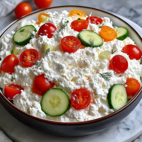 A bowl of cottage cheese with tomatoes and cucumbers.