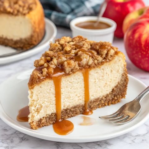 A slice of apple crisp cheesecake with caramel drizzle.