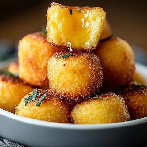 A stack of corn bread poppers with honey drizzled on top.