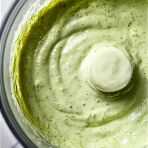 A blender full of a creamy cilantro garlic sauce with jalapeños and limes.