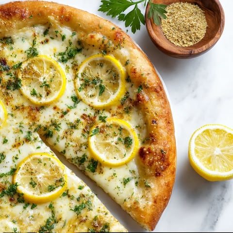 A slice of lemon pizza with lemon wedges on the side.