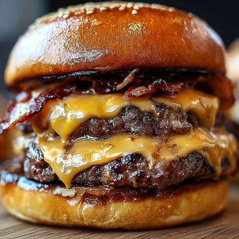 A close up of a burger with bacon on top.