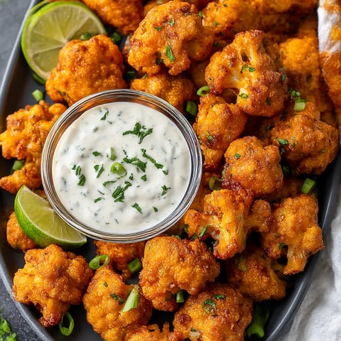A bowl of cauliflower with a dipping sauce.