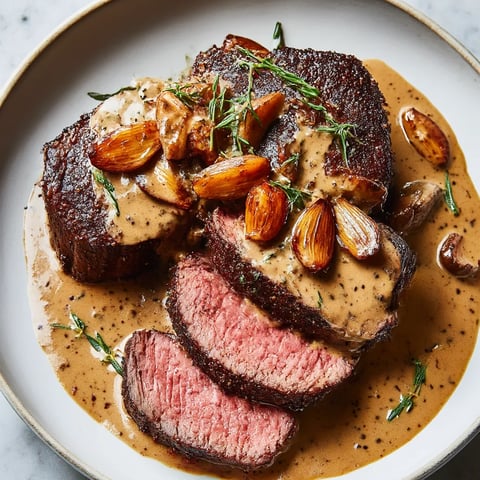 A plate of steak with bourbon garlic cream sauce.