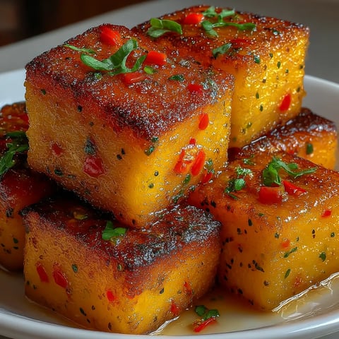 A plate of cornbread with red peppers on top.