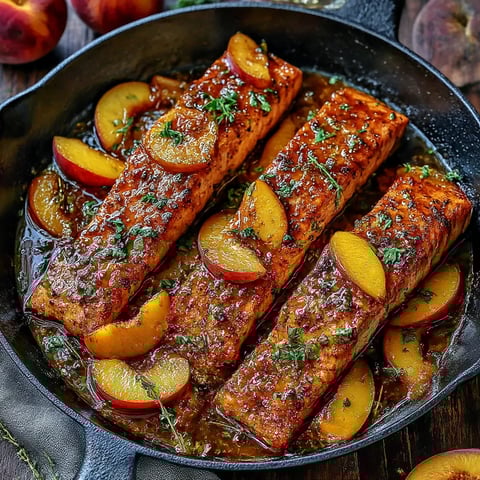 A pan of bourbon peach roasted salmon.