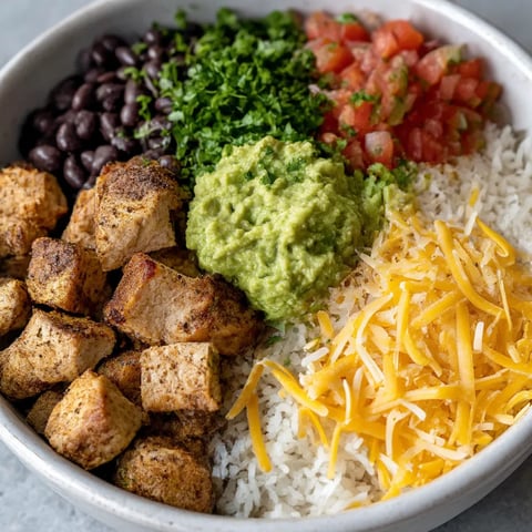 A bowl of food with rice, beans, and grilled chicken.