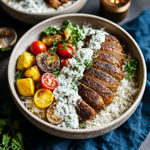 A bowl of food with rice, tomatoes, and feta sauce.