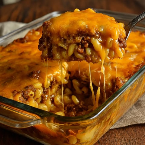 A cheesy hamburger casserole bake.
