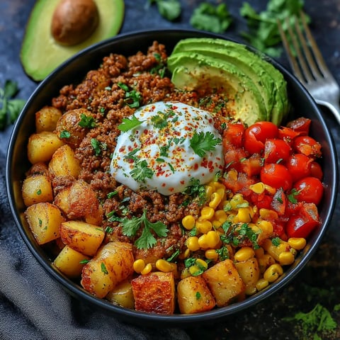 A bowl of ground beef and potatoes.